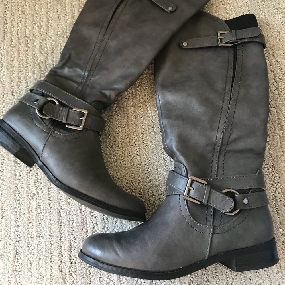 Gray leather calf length boots